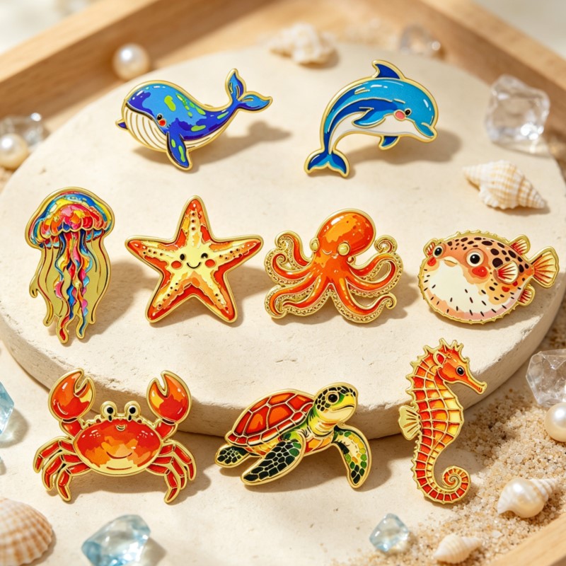 Enamel Pin Set - 생동감 넘치는 바다 동물 에나멜 뱃지,