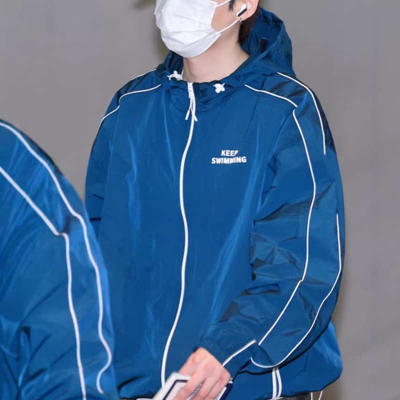 Windbreaker Anime Merchandise - Kpop Keep Swimming 프린트 지퍼 블루