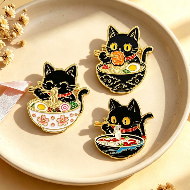 Enamel Pin Set - 국수를 먹는 귀여운 검은 고양이 에나멜